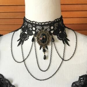 Gothic Victorian Vampire Whimsigoth Vkei Black Lace & Chains Choker Necklace